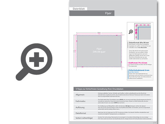 Product Bild multiloft-flyer_din_a8_quer_(7_4_cm_x_5_2_cm)_beidseitig_folienkaschiert_gl__nzend_und_einseitiger_hei__folienpr__gung_silber__4_4_farbig_(beidseitiger_druck)